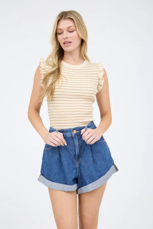 Louise Striped Ruffle Detail Knit Top, Light Khaki sold by North & Main Clothing Company