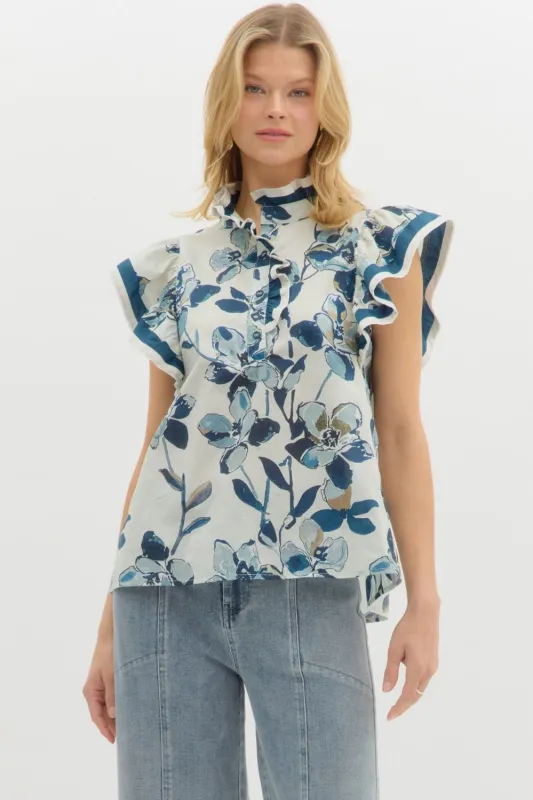 Oaklyn Accent Bordered Floral Blouse, Navy sold by North & Main Clothing Company