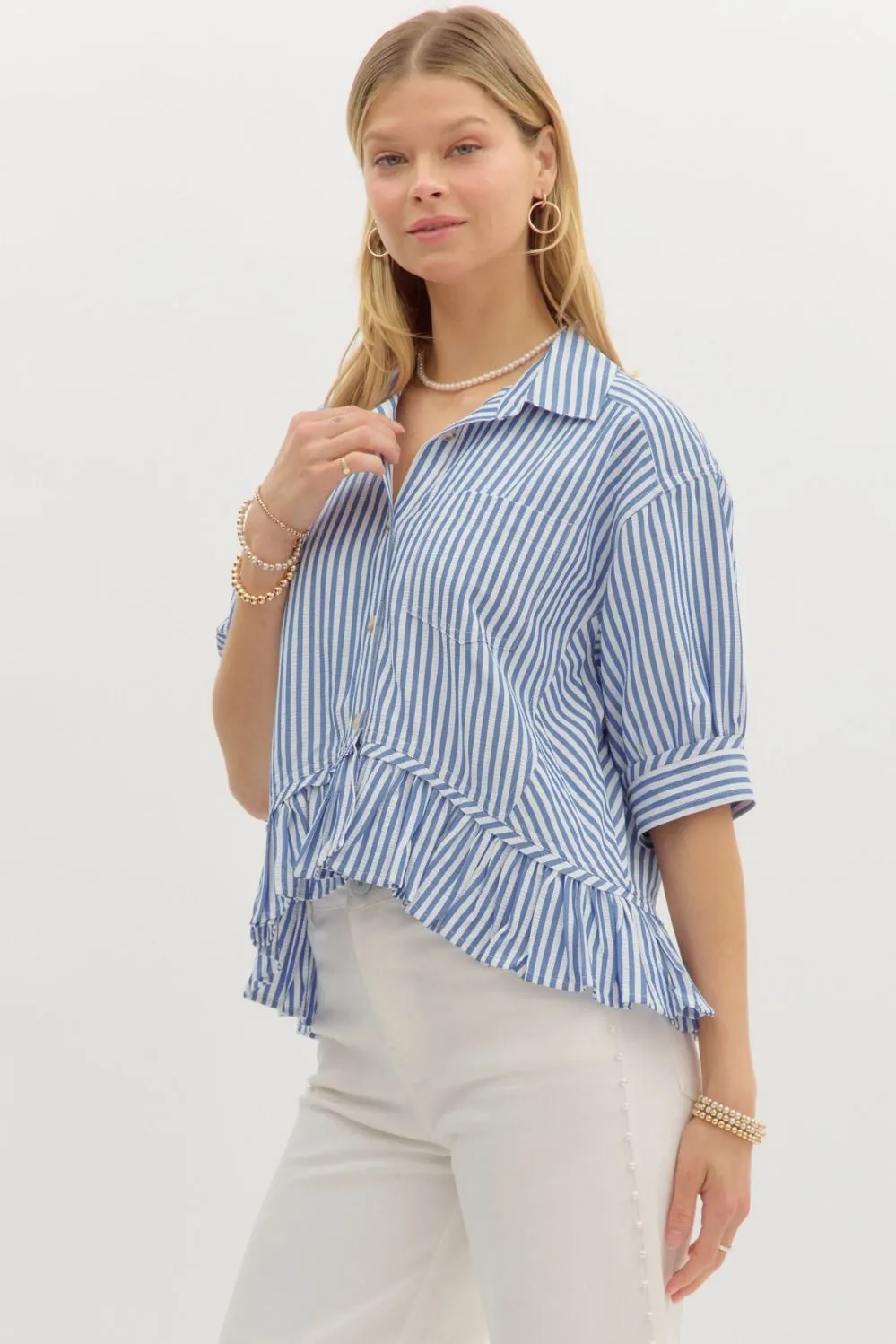 Indie Striped Ruffle Hem Button Up Top, Blue sold by North & Main Clothing Company product image thumbnail 4