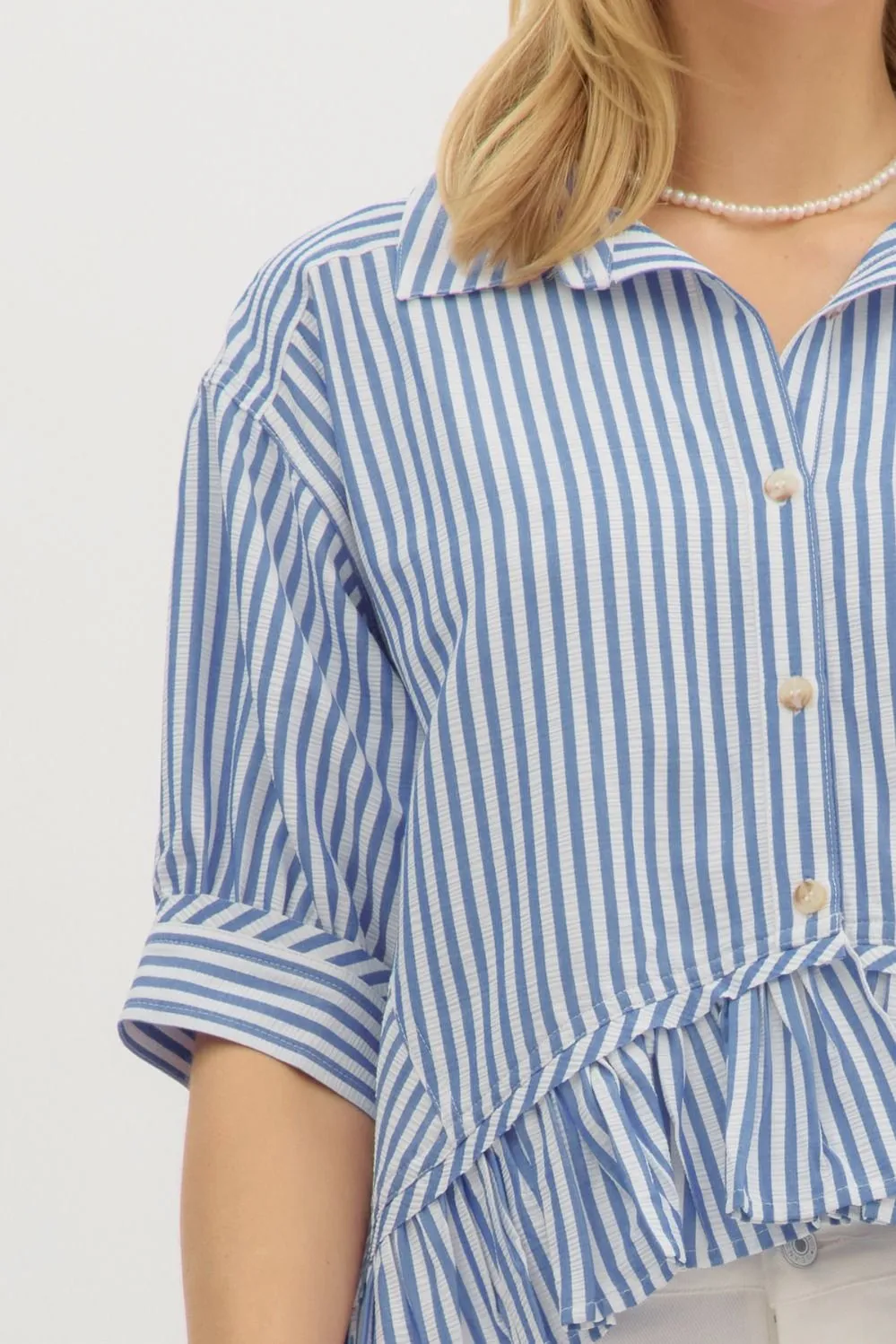 Indie Striped Ruffle Hem Button Up Top, Blue sold by North & Main Clothing Company product image thumbnail 3