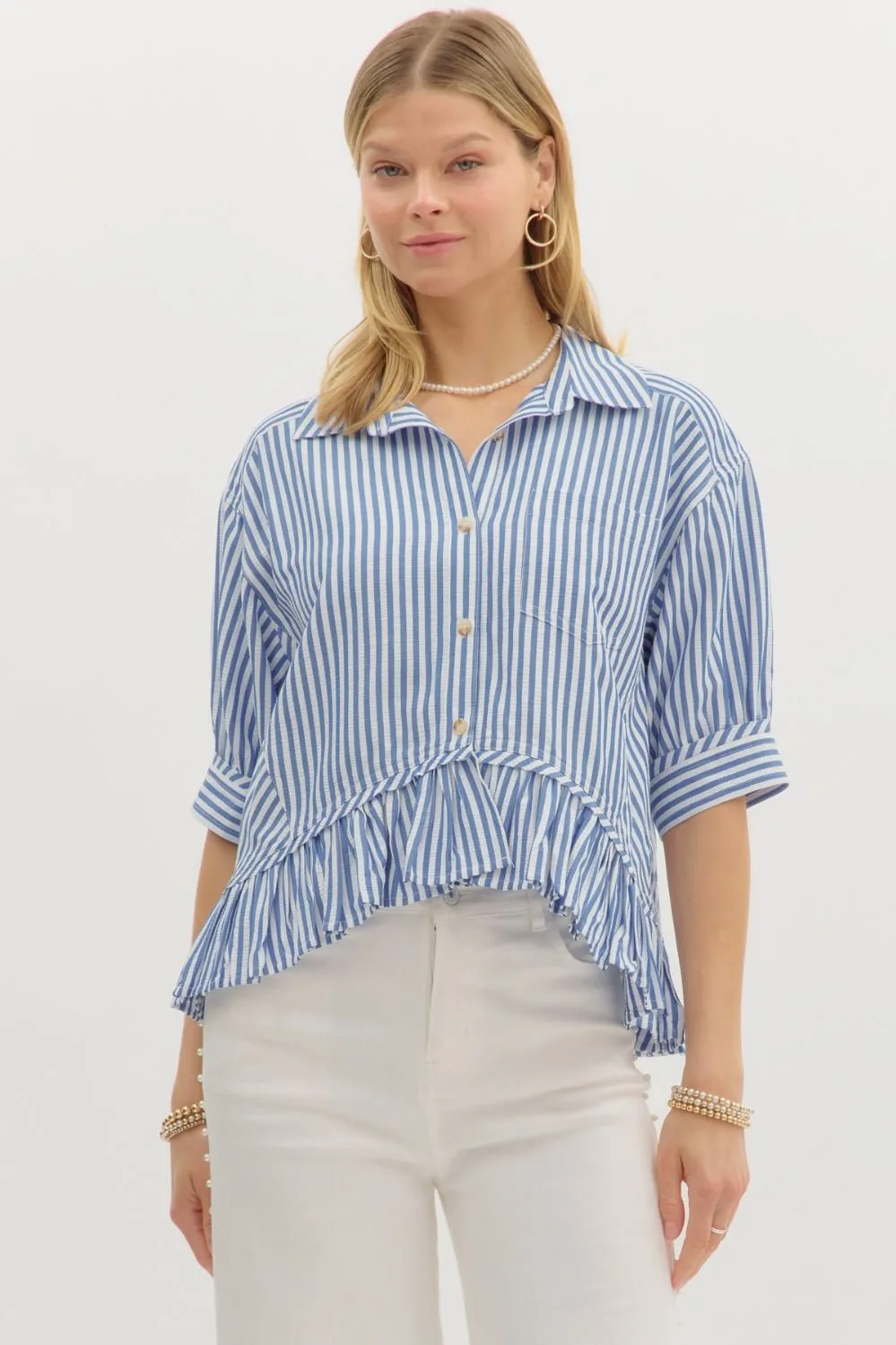 Indie Striped Ruffle Hem Button Up Top, Blue sold by North & Main Clothing Company
