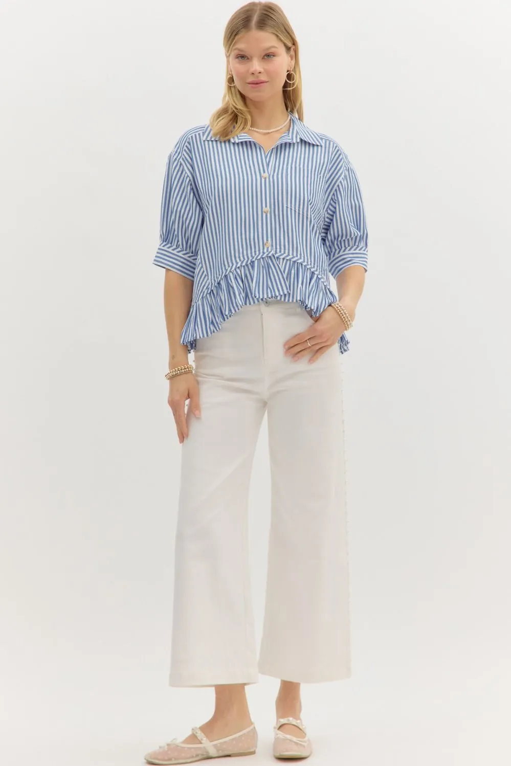 Indie Striped Ruffle Hem Button Up Top, Blue sold by North & Main Clothing Company product image thumbnail 2