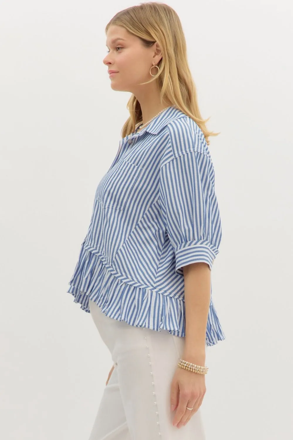 Indie Striped Ruffle Hem Button Up Top, Blue sold by North & Main Clothing Company product image thumbnail 5