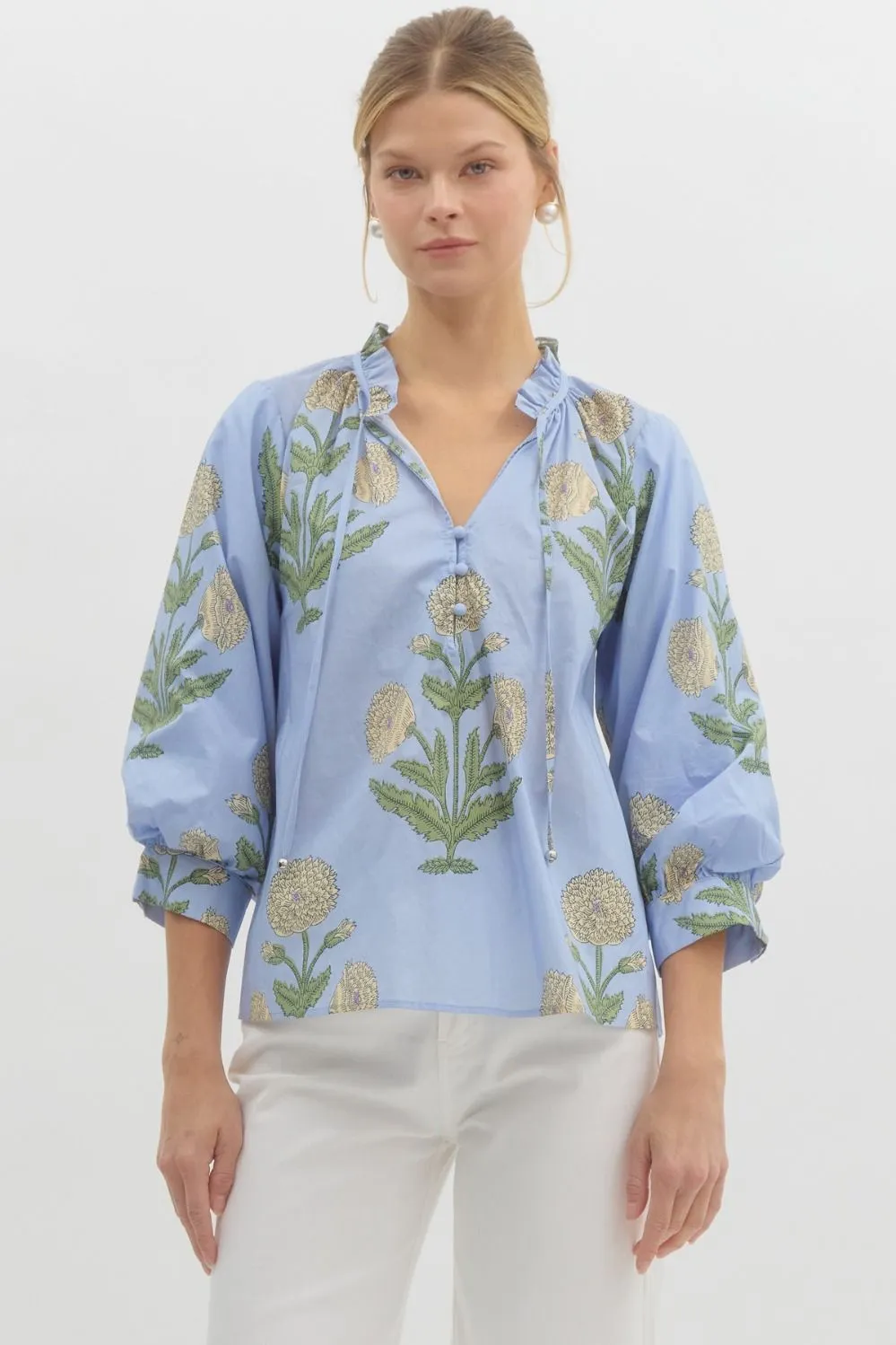 Miranda Floral Bubble Sleeve Blouse, Blue sold by North & Main Clothing Company