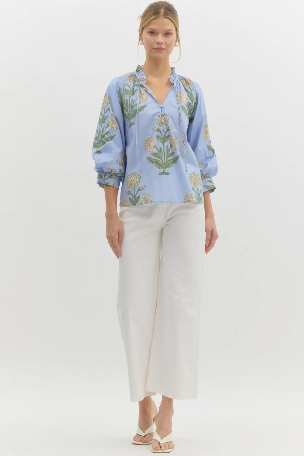 Miranda Floral Bubble Sleeve Blouse, Blue sold by North & Main Clothing Company product image thumbnail 2