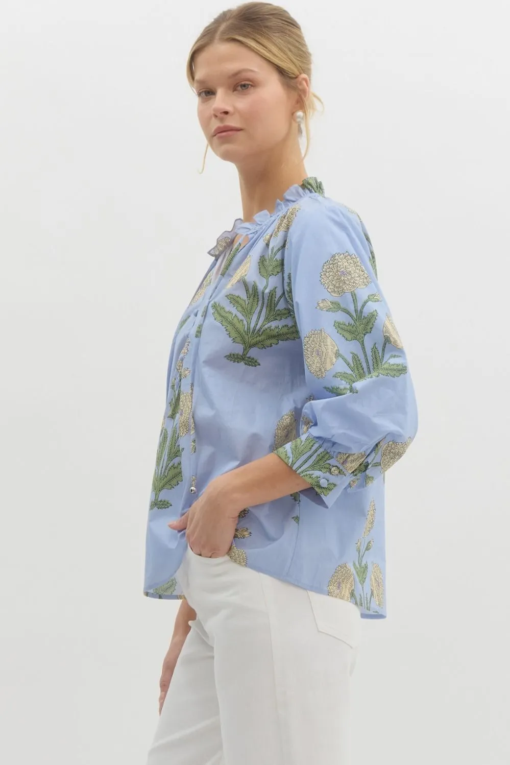 Miranda Floral Bubble Sleeve Blouse, Blue sold by North & Main Clothing Company product image thumbnail 3