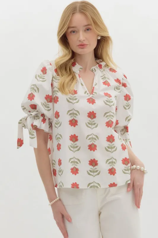 Athena Floral Print Ruffle Neck Top, Off White sold by North & Main Clothing Company