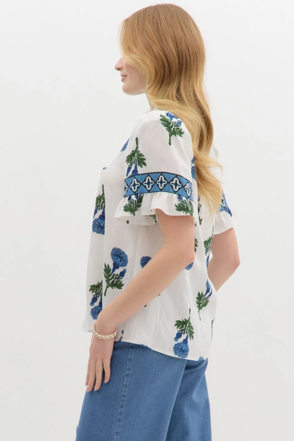 Amber Floral Ruffle Detailed Top, Blue sold by North & Main Clothing Company product image thumbnail 5