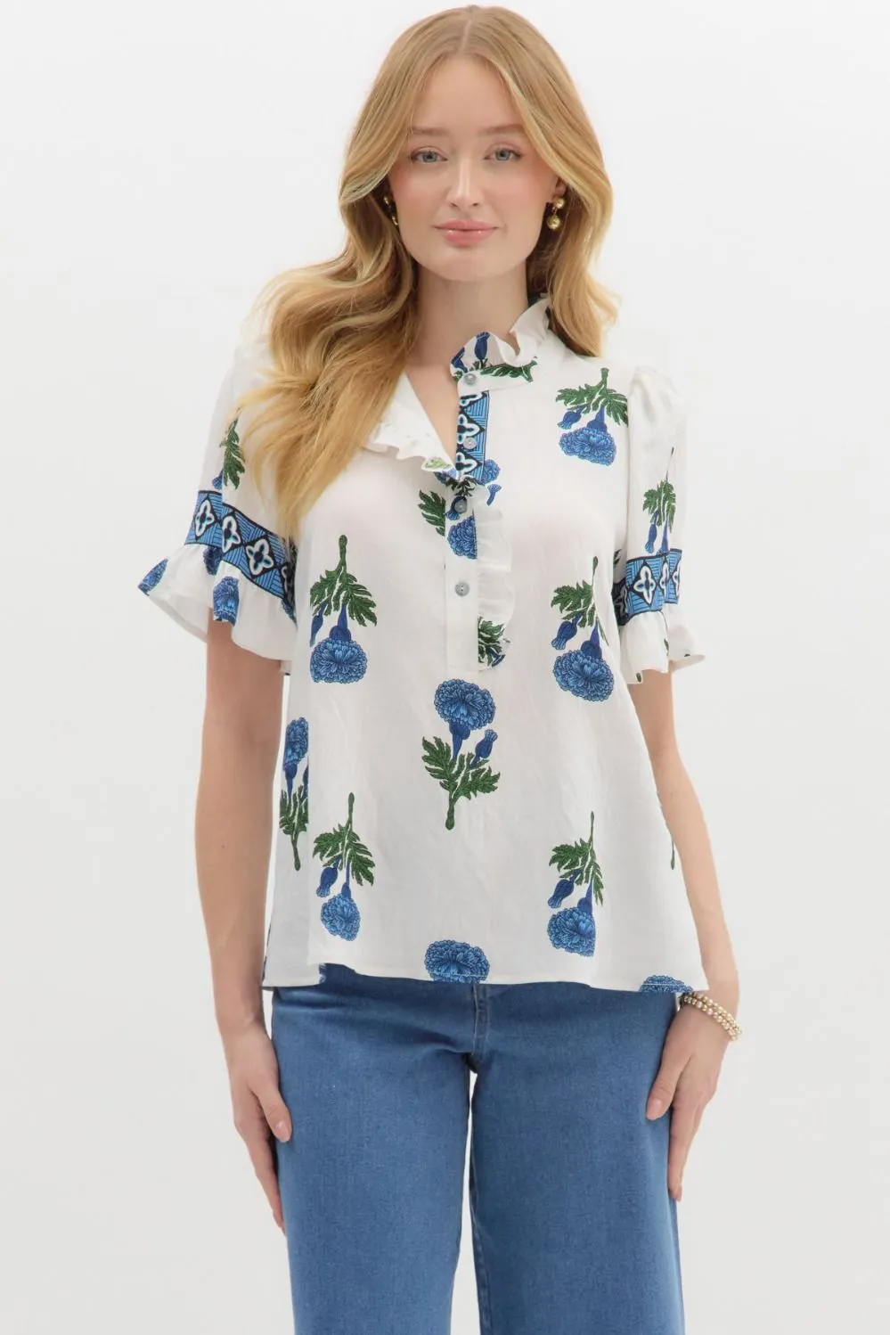 Amber Floral Ruffle Detailed Top, Blue sold by North & Main Clothing Company