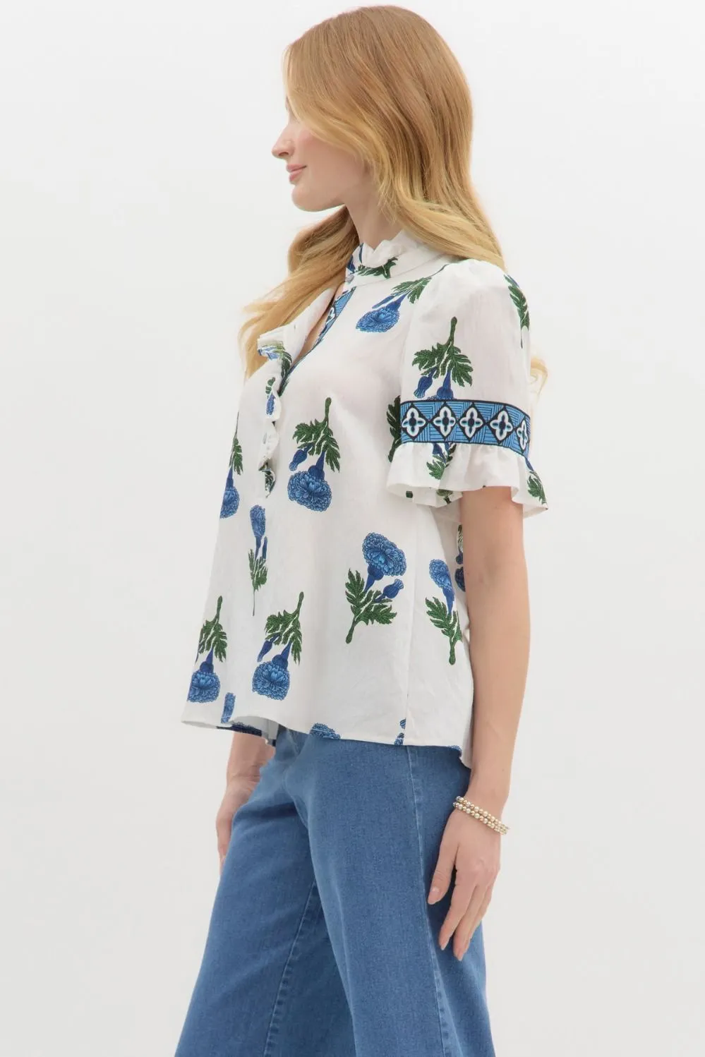 Amber Floral Ruffle Detailed Top, Blue sold by North & Main Clothing Company product image thumbnail 4