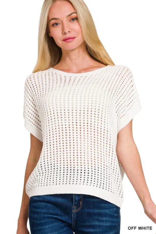 Lilian Crochet Knit Sheer Hollow Sweater, Off White sold by North & Main Clothing Company