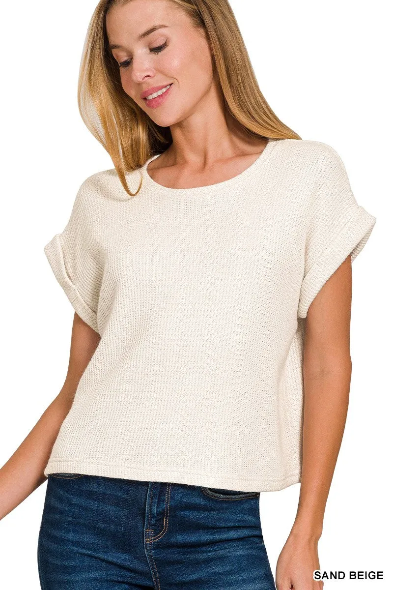 Emerie Cuffed Short Sleeve Sweater, Sand Beige sold by North & Main Clothing Company