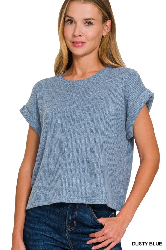 Emerie Cuffed Short Sleeve Sweater, Dusty Blue sold by North & Main Clothing Company
