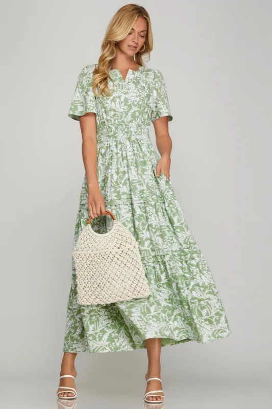Reyna Printed Pintuck Tiered Maxi Dress, Sage sold by North & Main Clothing Company