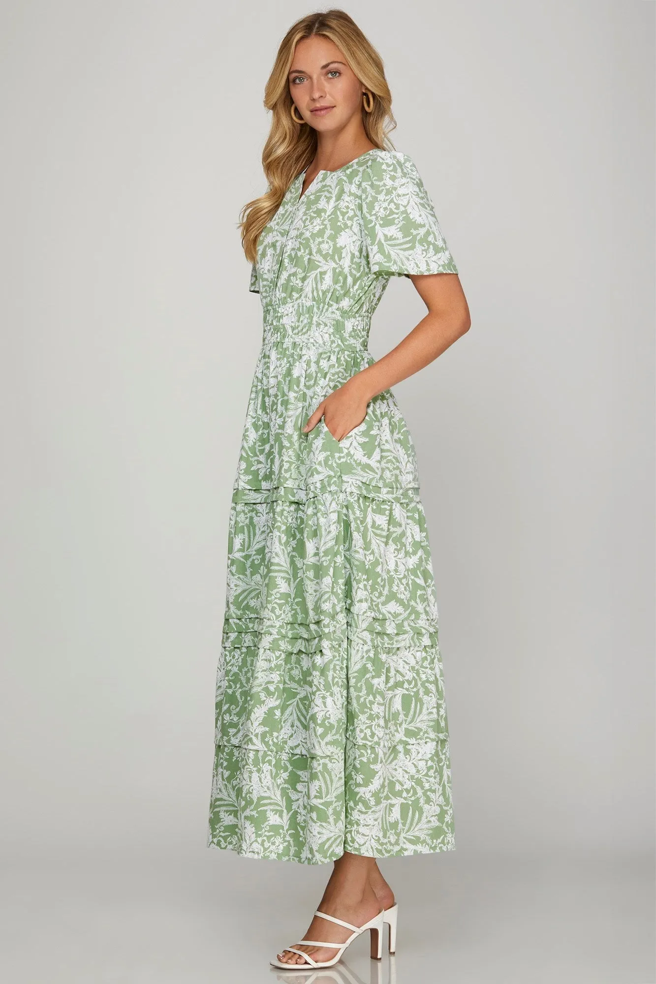 Reyna Printed Pintuck Tiered Maxi Dress, Sage sold by North & Main Clothing Company product image thumbnail 3