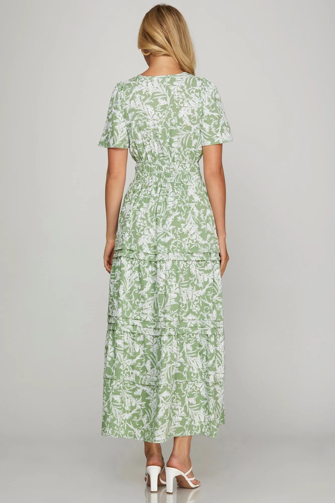 Reyna Printed Pintuck Tiered Maxi Dress, Sage sold by North & Main Clothing Company product image thumbnail 4