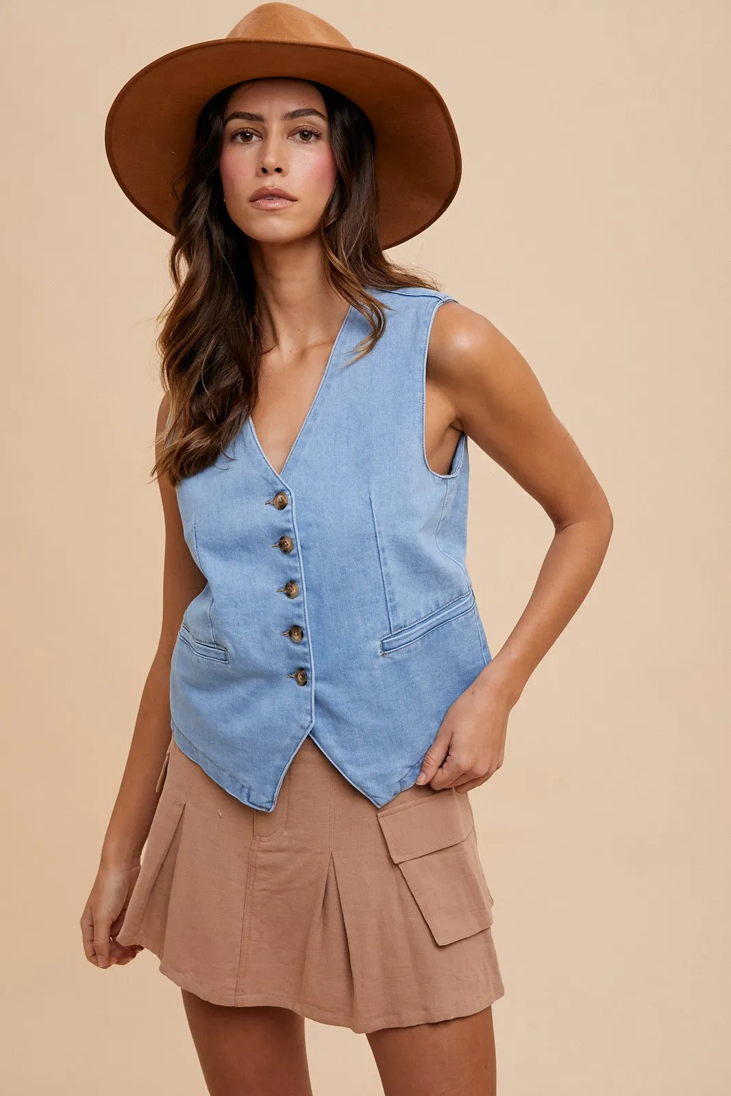 Elliana Denim Button Down Vest, Light Denim sold by North & Main Clothing Company
