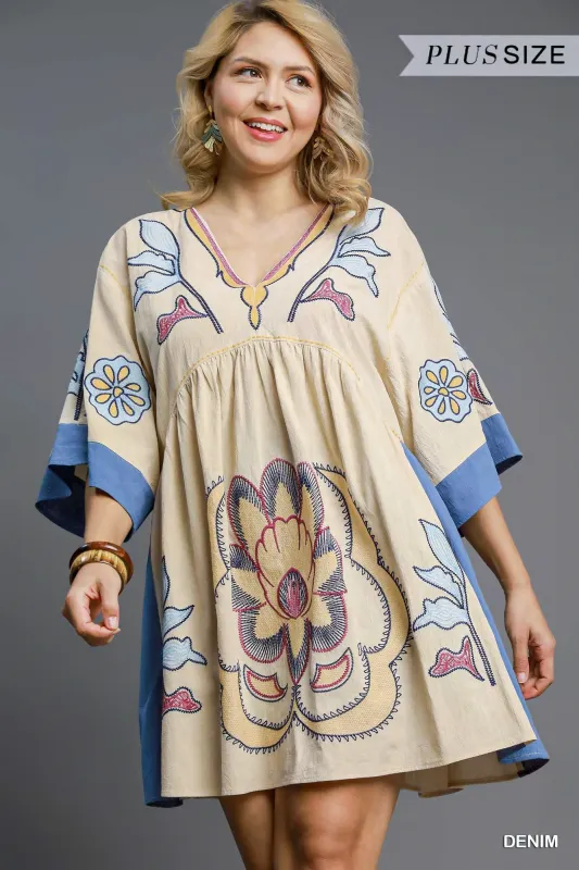 Avayah Boho Embroidered Kaftan Dress, Denim | Extended Sizes sold by North & Main Clothing Company