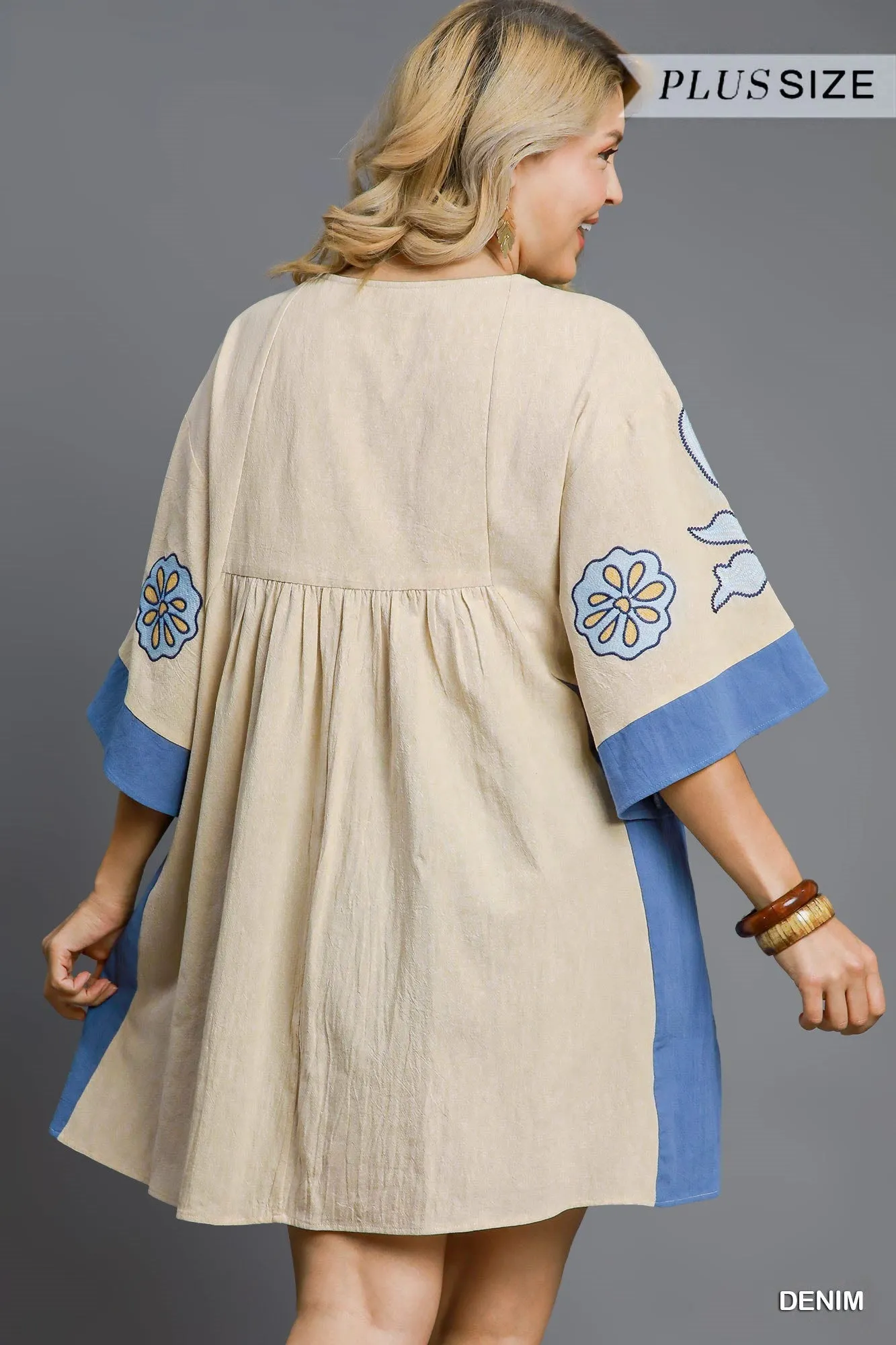 Avayah Boho Embroidered Kaftan Dress, Denim | Extended Sizes sold by North & Main Clothing Company product image thumbnail 5