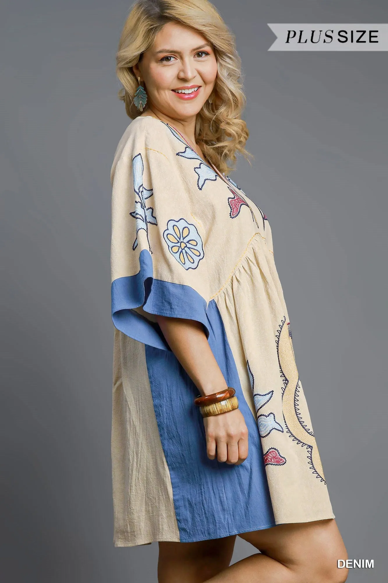 Avayah Boho Embroidered Kaftan Dress, Denim | Extended Sizes sold by North & Main Clothing Company product image thumbnail 4