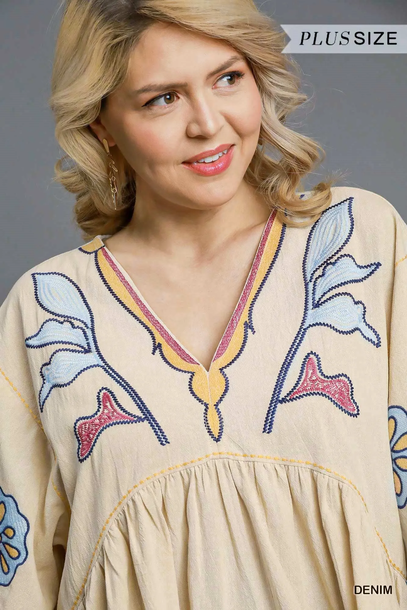 Avayah Boho Embroidered Kaftan Dress, Denim | Extended Sizes sold by North & Main Clothing Company product image thumbnail 3