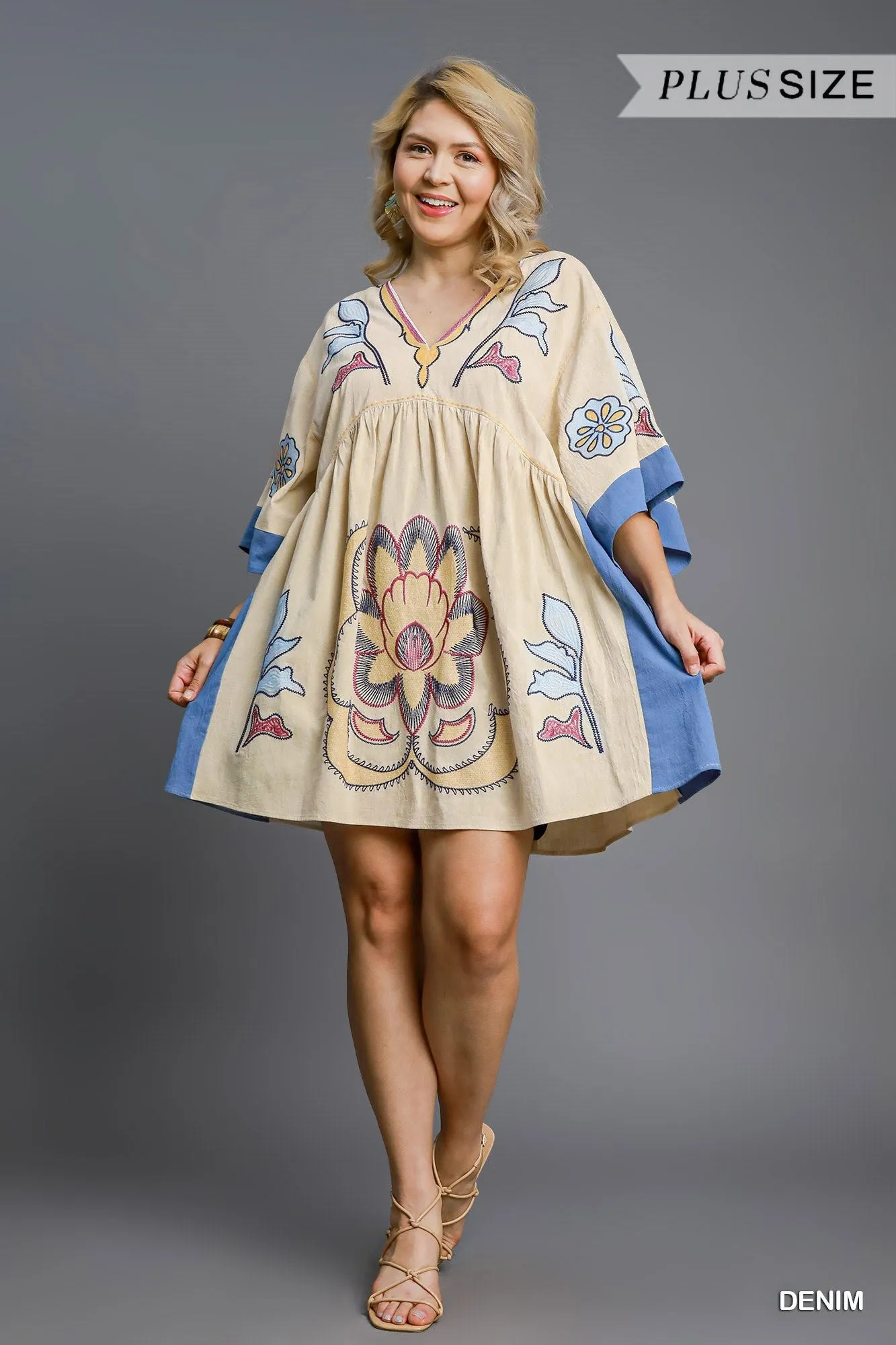Avayah Boho Embroidered Kaftan Dress, Denim | Extended Sizes sold by North & Main Clothing Company product image thumbnail 2