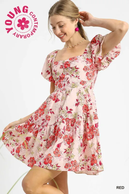 Luisa Floral Puff Sleeve Mini Dress, Red sold by North & Main Clothing Company