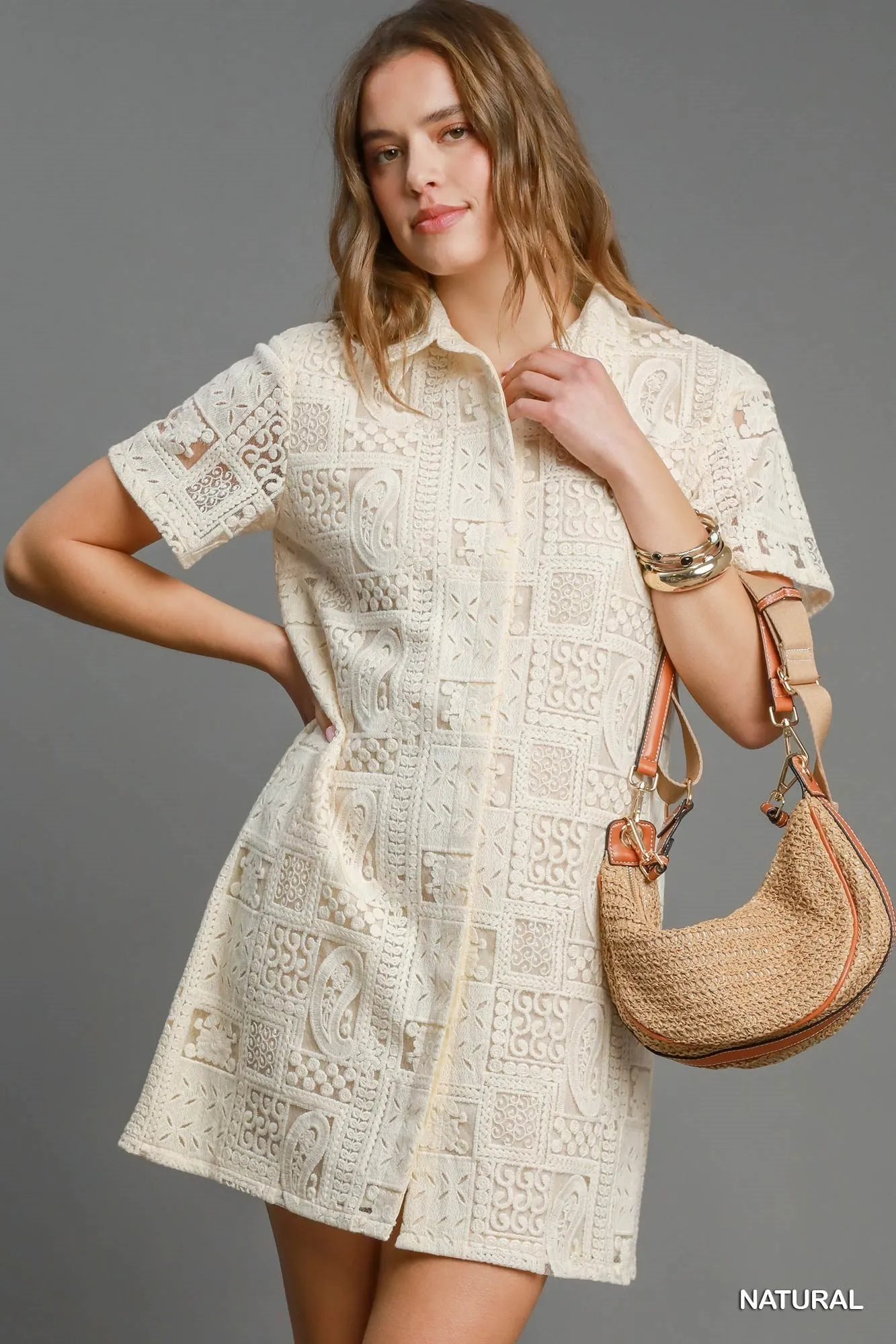 Emmeline Lace Button Down Dress, Natural sold by North & Main Clothing Company