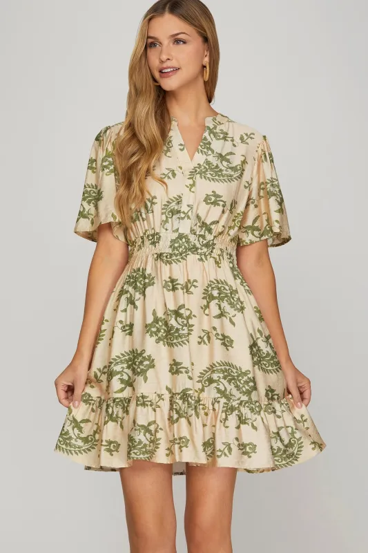 Kara Printed Bell Sleeve Mini Dress, Sage sold by North & Main Clothing Company