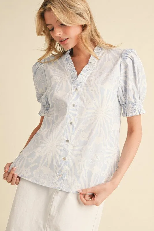 Kayleigh Ruffled V-Neck Top, Blue sold by North & Main Clothing Company