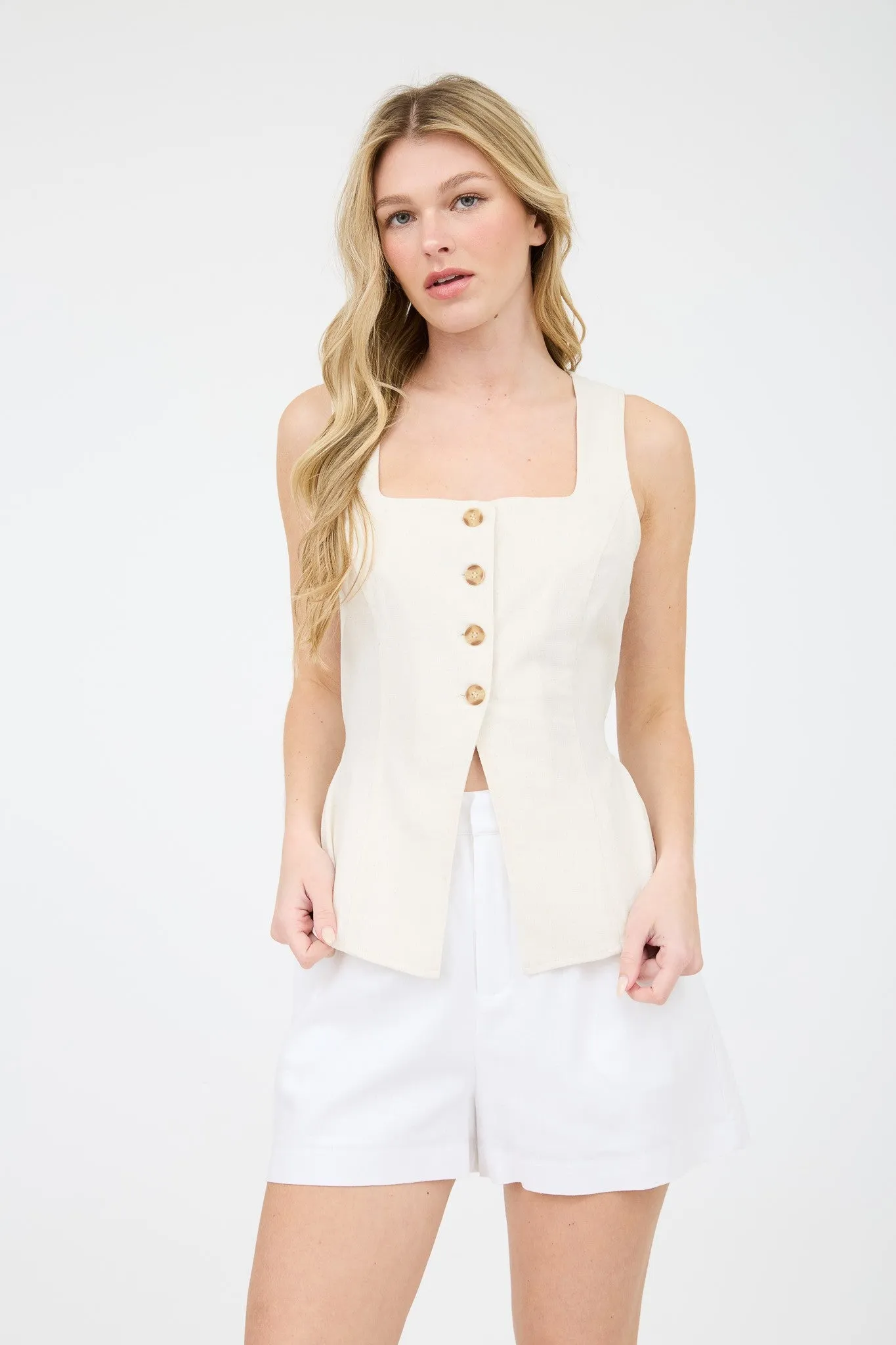 Isabela Linen Split Hem Vest, Natural sold by North & Main Clothing Company