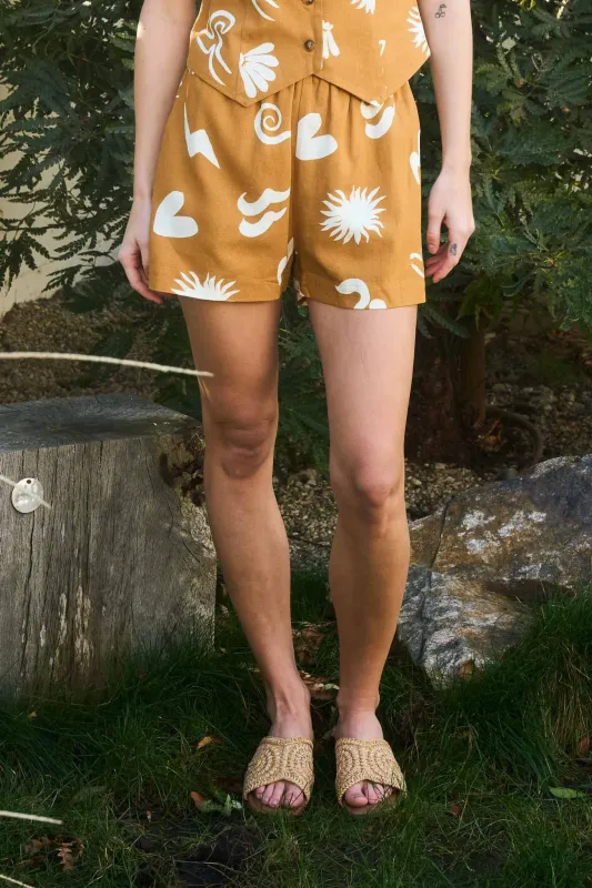 Erin Doodle Print Linen Shorts, Brown sold by North & Main Clothing Company