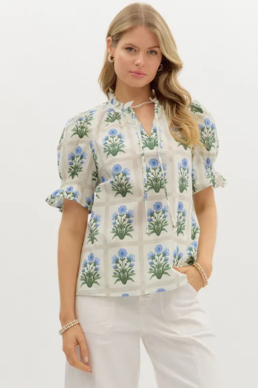 Liv Floral Ruffle Finish Top, Royal sold by North & Main Clothing Company