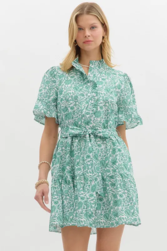 Megan Printed Waist Tie Mini Dress, Green sold by North & Main Clothing Company