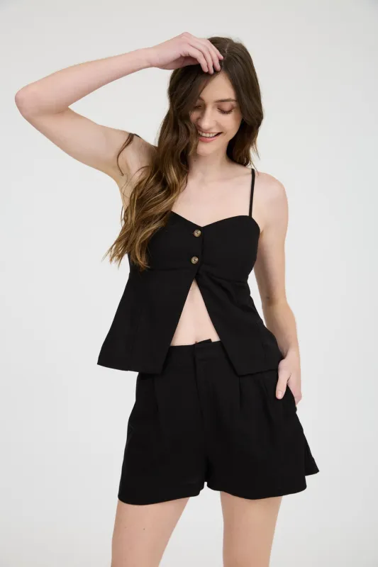 Elowyn Spaghetti Strap Split Hem Top, Black sold by North & Main Clothing Company