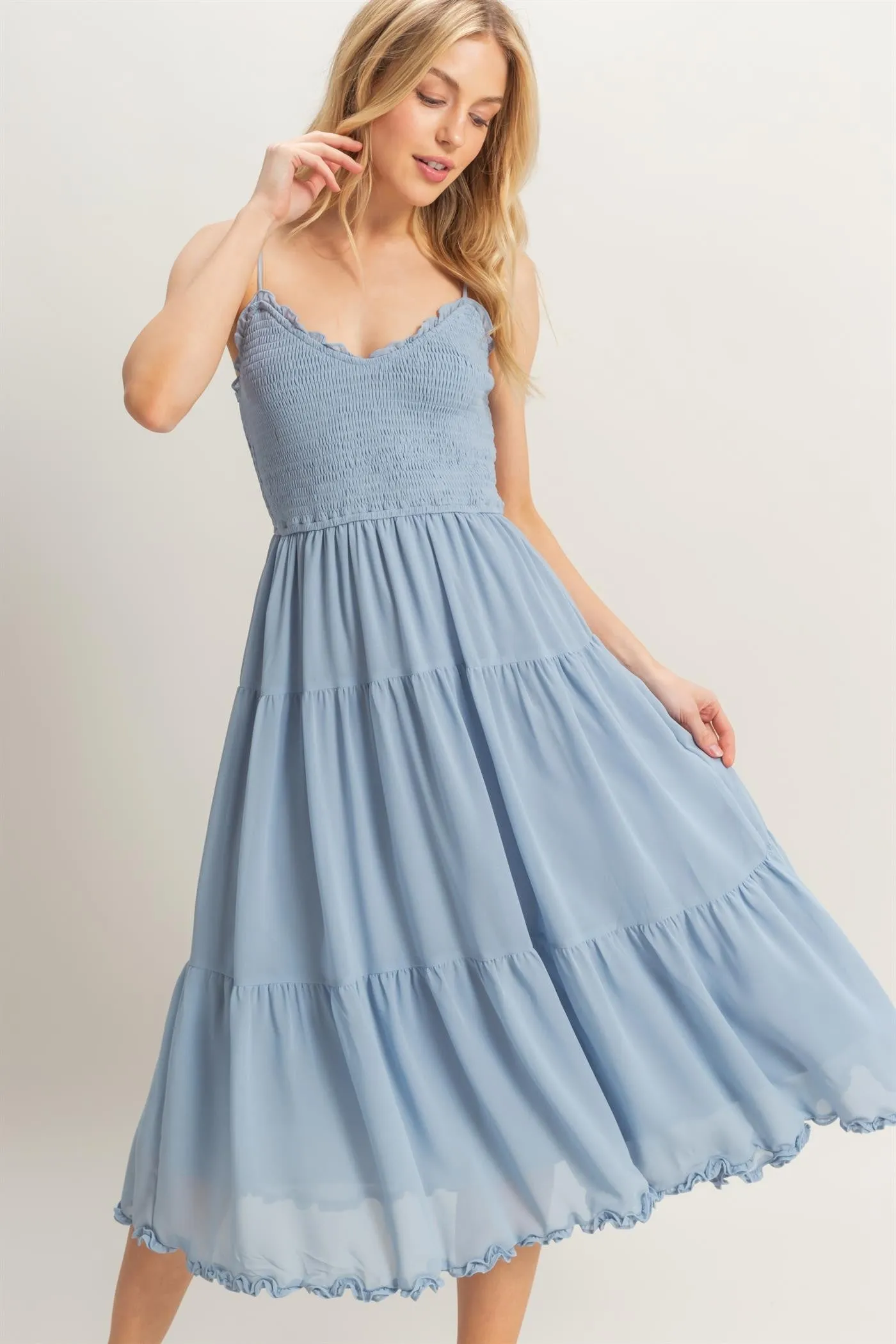 Adrianna Smocked Lettuce Trim Dress, Dusty Blue sold by North & Main Clothing Company product image thumbnail 2