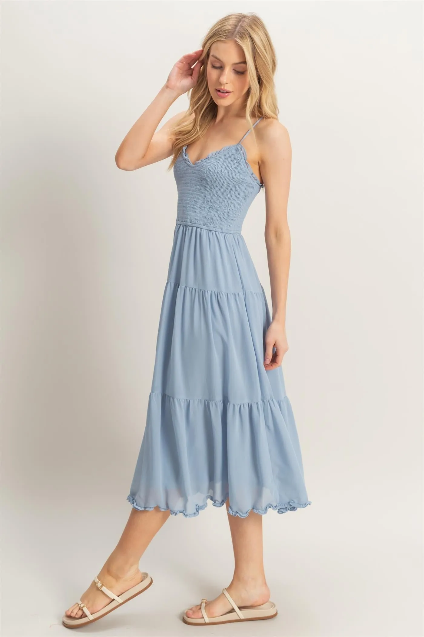 Adrianna Smocked Lettuce Trim Dress, Dusty Blue sold by North & Main Clothing Company product image thumbnail 4
