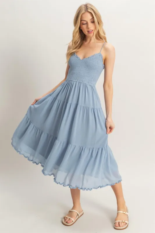 Adrianna Smocked Lettuce Trim Dress, Dusty Blue sold by North & Main Clothing Company