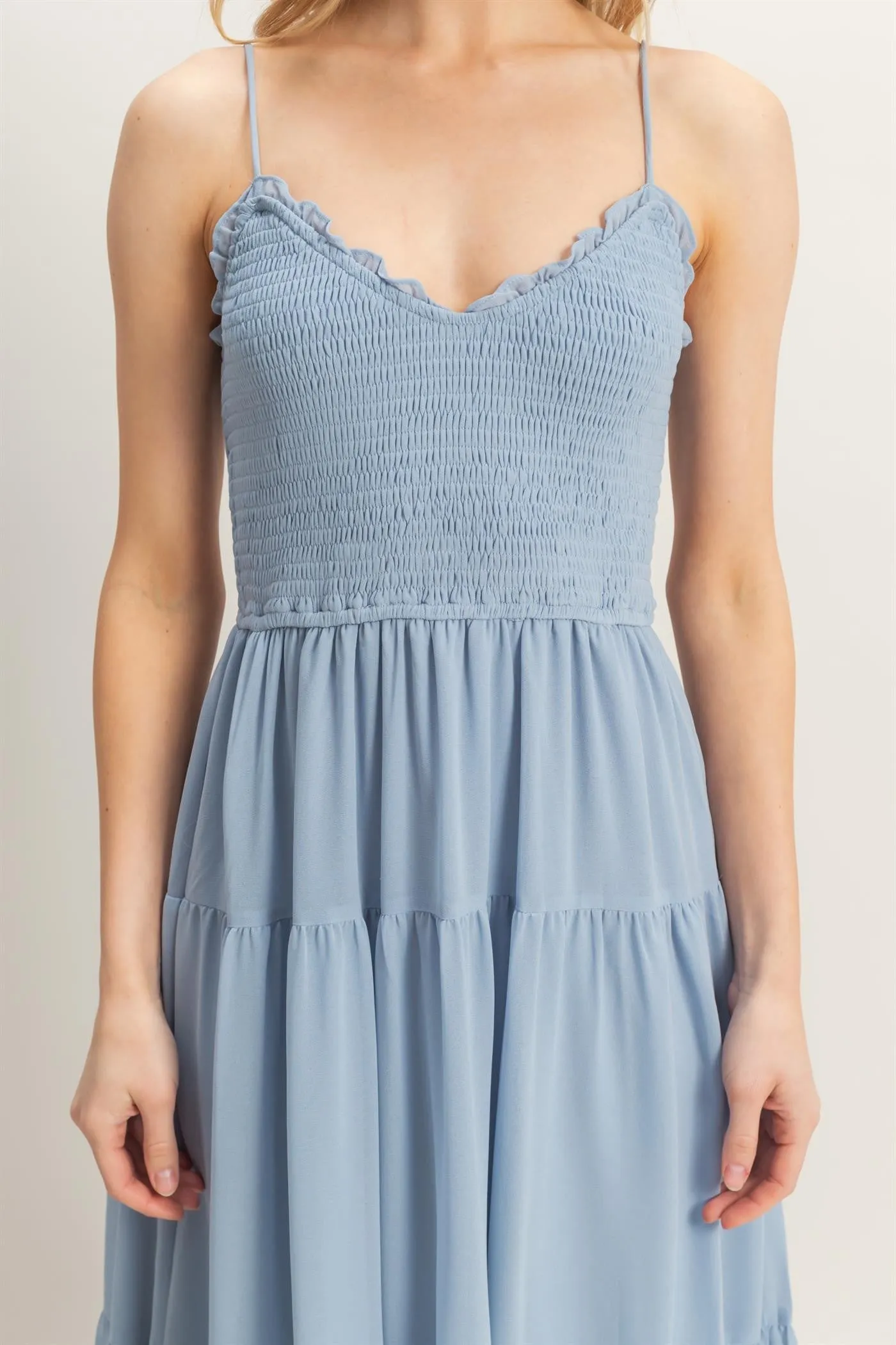 Adrianna Smocked Lettuce Trim Dress, Dusty Blue sold by North & Main Clothing Company product image thumbnail 3