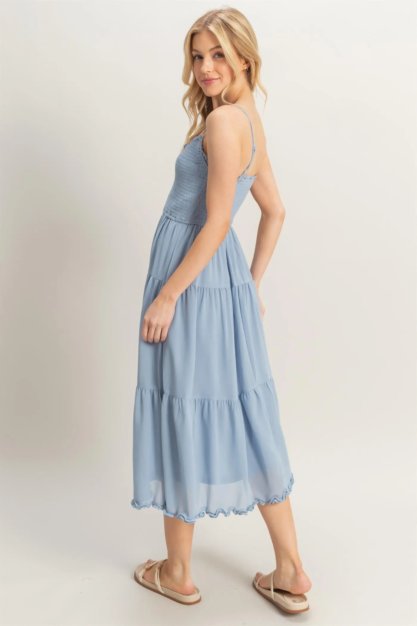 Adrianna Smocked Lettuce Trim Dress, Dusty Blue sold by North & Main Clothing Company product image thumbnail 5
