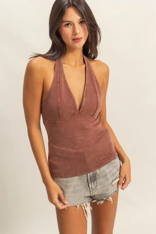 Kaeli Halter Neck Bust Seam Top, Chestnut sold by North & Main Clothing Company