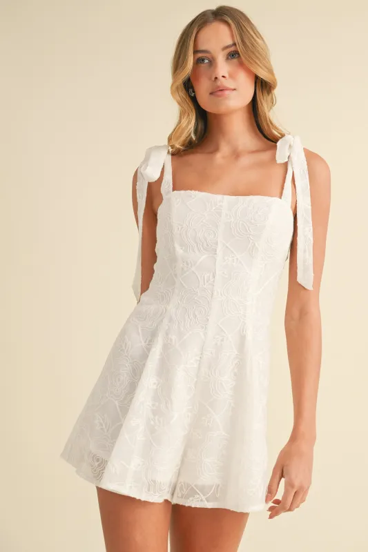 Aleena Tie Shoulder Embroidered Romper, White sold by North & Main Clothing Company