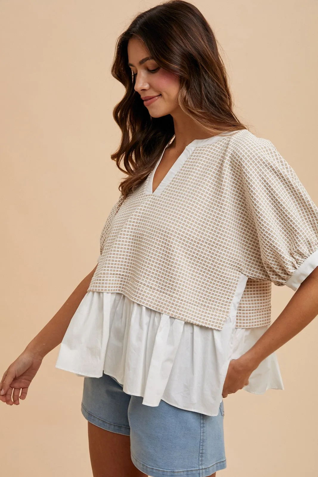 Kelsey Mix Media Check Textured Top, Oatmeal sold by North & Main Clothing Company product image thumbnail 4