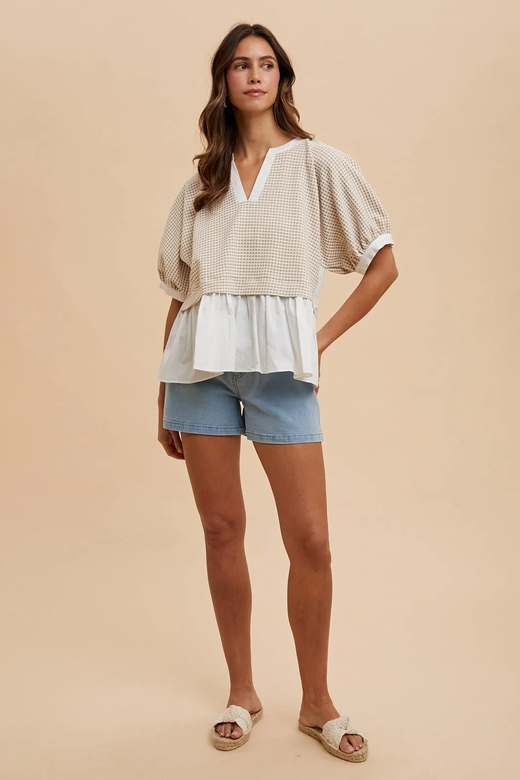 Kelsey Mix Media Check Textured Top, Oatmeal sold by North & Main Clothing Company product image thumbnail 2