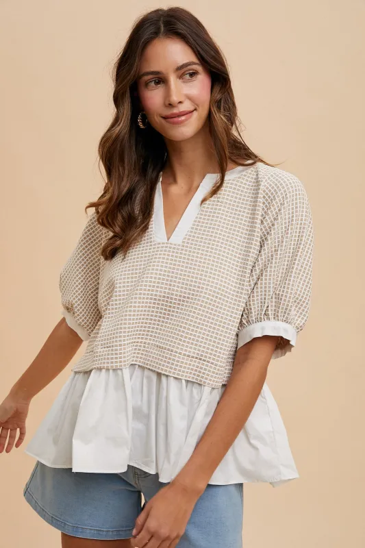 Kelsey Mix Media Check Textured Top, Oatmeal sold by North & Main Clothing Company