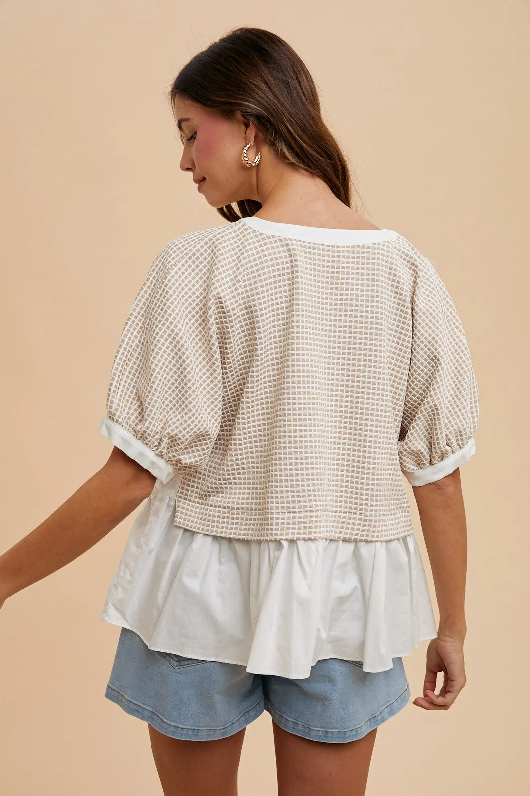 Kelsey Mix Media Check Textured Top, Oatmeal sold by North & Main Clothing Company product image thumbnail 5