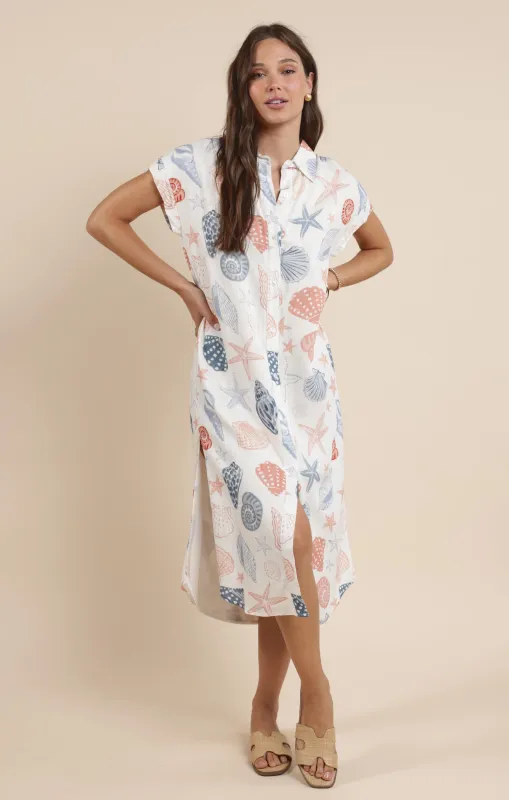 Seashells Duster Shirt Dress, White Multi | Sadie & Sage sold by North & Main Clothing Company