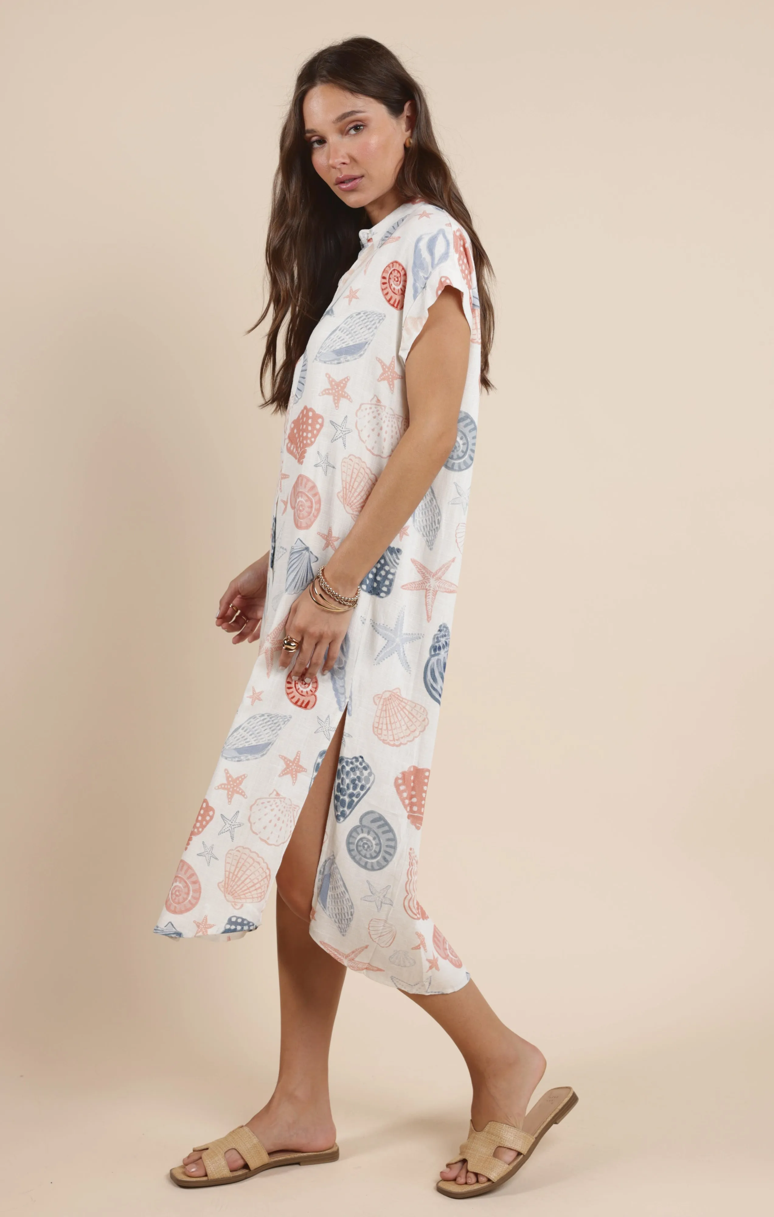 Seashells Duster Shirt Dress, White Multi | Sadie & Sage sold by North & Main Clothing Company product image thumbnail 3