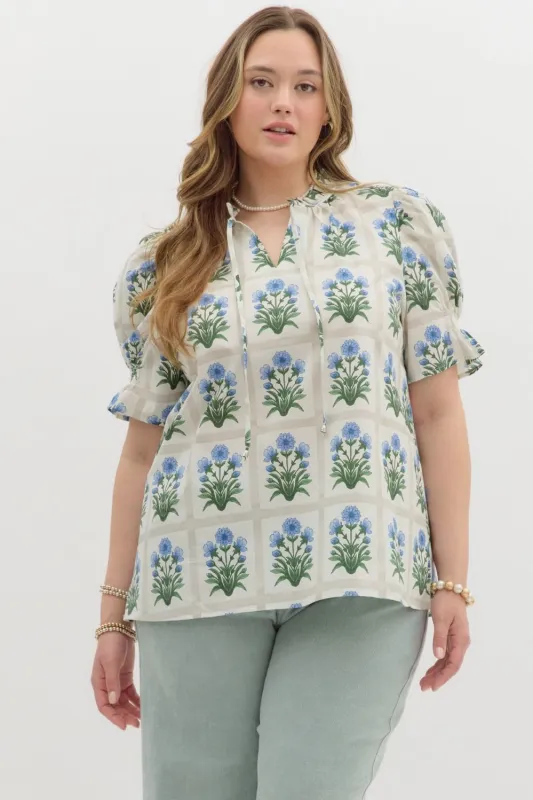 Liv Floral Ruffle Finish Top, Royal | Extended Sizes sold by North & Main Clothing Company