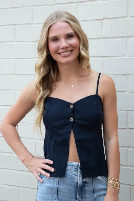 Elowyn Spaghetti Strap Split Hem Top, Navy sold by North & Main Clothing Company